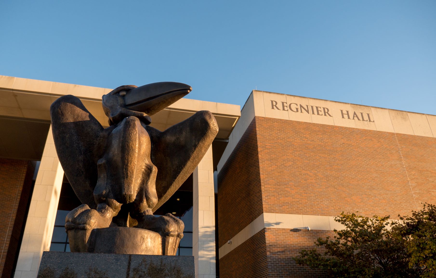 Regnier Hall and Bronze Jayhawk
